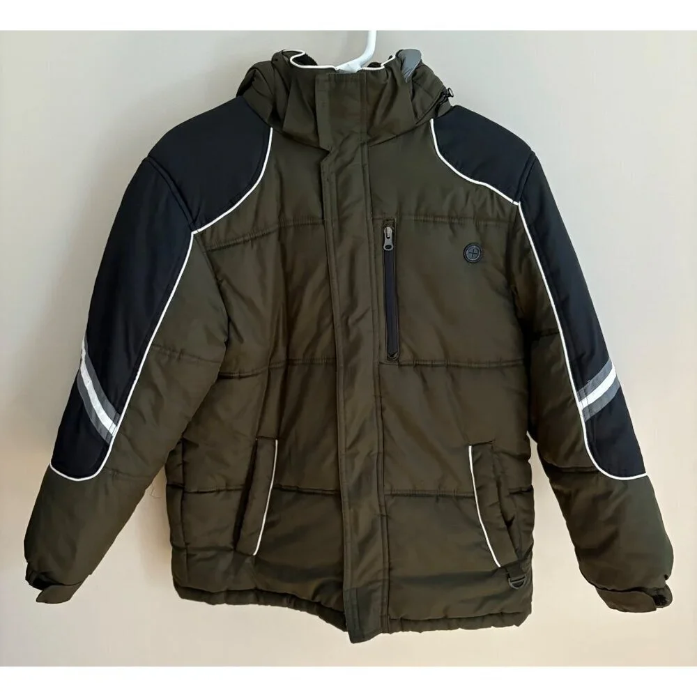 Protection System Boys Winter Jacket Size 14/16 Olive Green Black Hooded Puffer